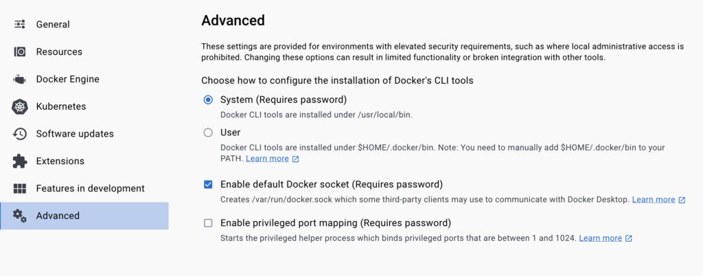 Docker Desktop Advanced settings