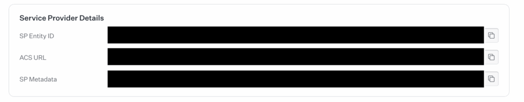 Service Provider Details のブロックに SP Entity ID, ACS URL, SP Metadata が表示されている。