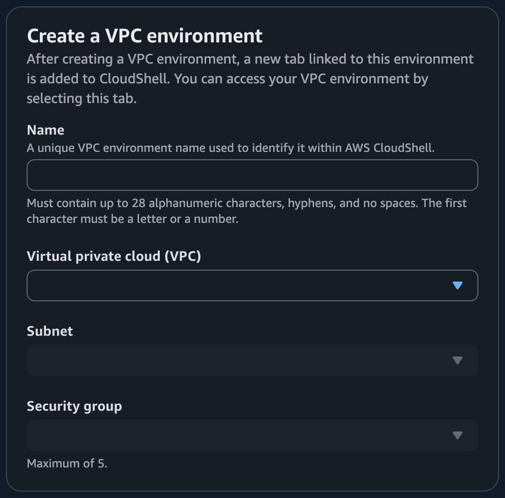Create a VPC environment の設定画面